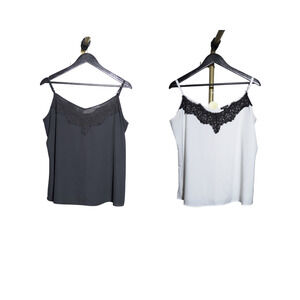 Ann Taylor Factory Spaghetti Strap Top 2PK Black & White Lace Collar Office Sz L